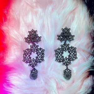 Long silver diamond dangle clip on earrings